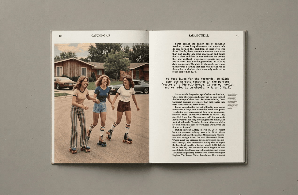 An open printed book — three friends roller-skating down a 1970s street on the left page, Sarah's story on the right