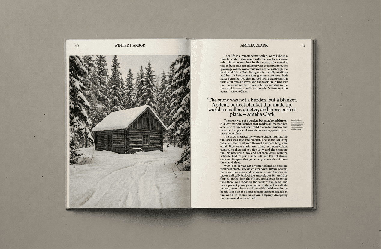 An open printed book — a snow-covered cabin among fir trees on the left page, Amelia's story on the right