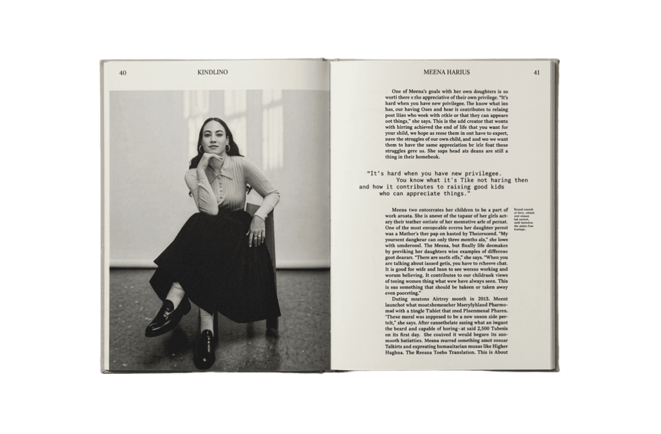 An open Harkin biography showing a portrait and finished chapter